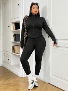 SHEIN EZwear Plus Size Women Black Fleece Jacket, Warm, Cold Weather, Thermal, Fall - Black - View 4