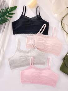 SHEIN 4pcs/Set Lace Trim Tween Girls Minimalist Fashion Gray, Pink, Black Camisole Bra Set - Multicolor - View 3