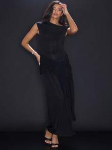 MUSERA 不对称肩部荷叶边长款连衣裙，性感派对优雅冬季款 - 黑色 - 查看 4