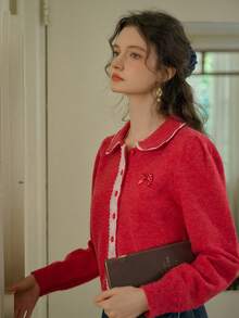 Simple Retro Women's Peter Pan Neck Patchwork Lace Sweater Cardigan - Red - View 6