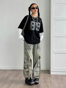 StreetHx 女士数字印花圆领长袖时尚二合一 T 恤，秋季图案 T 恤女式上衣，适合春季服装