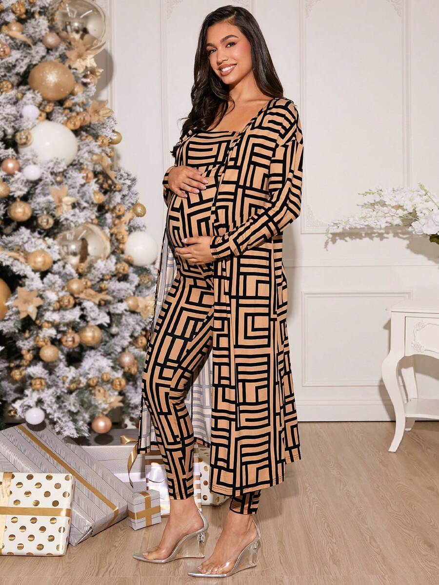 SHEIN MaterniChic Maternity Geometric Print Cardigan & Jumpsuit Set