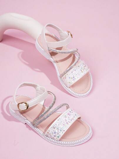 Cute Crystal Chain Glitter Casual Flat Sandals For Kids, Girls