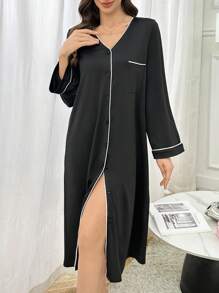 Color Block Trim Minimalist Single Pocket Open Front Long Sleeve Sleepwear Dress, Moo Moo Lounge Dress, Cozy And Elegant Details Outfit, Fall & Winter - Black - View 6