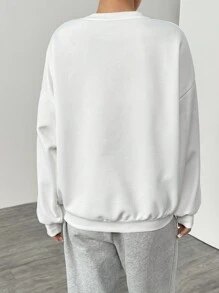 SHEIN EZwear 1 chiếc áo nỉ dệt kim màu trắng thả vai rộng rãi cho nữ, thích hợp cho mùa thu, áo dài tay - trắng - Xem 2