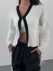 SHEIN SXY Casual Black & White Patchwork Cropped Cardigan, Fall/Winter - Black and White - View 4