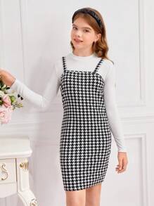 SHEIN Leap Crew 青少年女孩高領t恤和千鳥格印花背心連衣裙 - 黑與白 - 查看 2