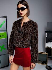 SHEIN Unity Abrigo de manga larga con cinturón y efecto esponjoso con estampado de leopardo - Marrón - Ver 4