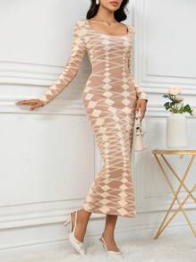 Modelyn 1 pieza Vestido de suéter de manga larga elegante con estampado geométrico de cuello redondo para mujer - Caqui - Ver 3