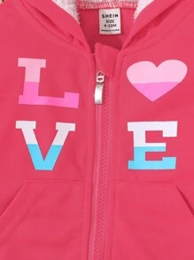 Baby Girl Holiday Letter & Heart Hooded Jacket And Pants Casual Outfit, Autumn/Winter - Pink - View 5