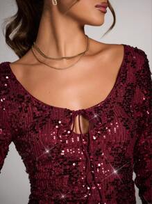 SHEIN BAE Women's Sequined Keyhole Slim Fit Long Sleeve Blouse,Burgundy,Autumn,70's,Club Night,Party Disco Vintage Asymmetric Top Christmas Costume Hippie - Burgundy - View 5