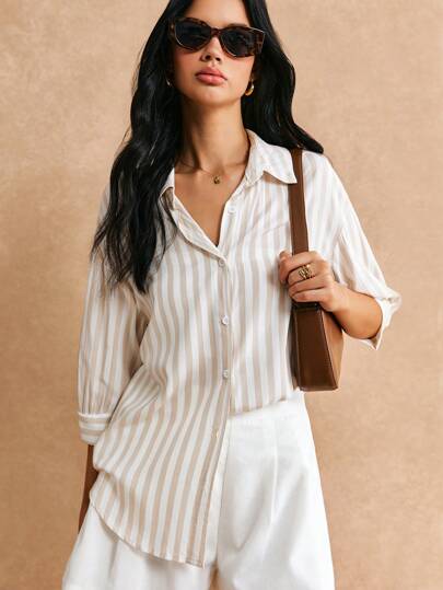 Poéselle Women's Long Sleeve Striped Shirt, Cute Summer Tops, Summer Women's Clothing, Apricot Striped Shirt, Fresh Casual Shirt, Button Closure, Covered Shirt, Lightweight And Breathable Made Of Comfy Material, Suitable For Holiday Going Out, Casual Daily,Ladies Casual Button,Knot Three Quarter Length Sleeve Shirt Collar Loose Long Multicolor Viscose Drop Shoulder Shirt Women Blouses,Spring/Fall ,Professional/Business Attire/Workwear