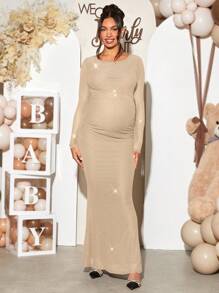 Loomaby 孕妇性别揭示长袖连衣裙闪亮交叉露背美人鱼长袖连衣裙适合婴儿洗礼派对 - 杏色 - 查看 6