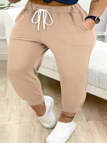 Pantalones casuales de primavera para mujer de talla grande, de unicolor, con cintura con cordón y pierna entallada - Caqui - Ver 6