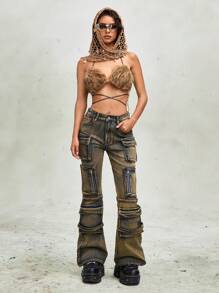 ROMWE Grunge Punk Distressed Women Flare Leg Jeans, Retro Punk Street Style - Grey - View 3