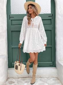 SHEIN VCAY 女士圆领荷叶边袖 A 字形休闲纹理度假连衣裙，秋冬 - 白色 - 查看 7