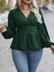 Flirla Plus Size Solid Color V-Neck Long Sleeve Pleated Casual Blouse Peplum Top - Green - View 4