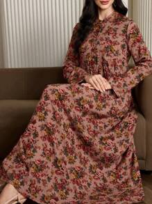 Al Najma Vestido estilo árabe franzido com estampa floral e manga longa com fecho de botão frontal, vestidos árabes estilo boho modesto, para viagens/casual/casa/férias