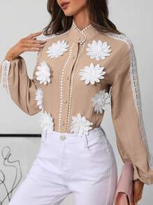 SHEIN Clasi 女式秋季花卉装饰长袖撞色蕾丝优雅衬衫 - 卡其色 - 查看 4