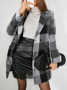 SHEIN Clasi Women's Classic Plaid Khaki Turndown Collar Button Decor Elegant Warmth Long Coat, Suitable For Autumn, Winter And Spring - Black - View 4