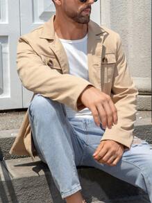 Manfinity Homme Men's Plain Color Lapel Casual Jacket, Spring Autumn