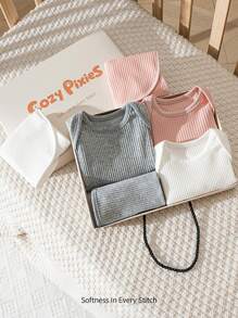 Cozy Pixies 6pcs/Set Newborn Baby Girl/Boy Solid Color Ribbed Soft Round Neck Short Sleeve Romper With Bib, Suitable For Baby Shower, Party, Gift, Newborn - Pink - View 1