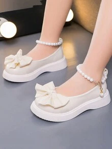 1 đôi giày công chúa đế bằng đơn giản màu trơn trang trí nơ, mũi tròn bằng da PU, thoải mái, phù hợp cho mùa xuân và mùa thu - Màu be - Xem 3