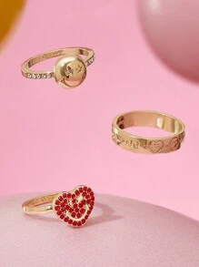 SmileyWorld® | SHEIN Women 3pcs/Set Cartoon Expressions Pattern Crystal Decor Golden Rings, Fashion Jewelry - Gold - View 8