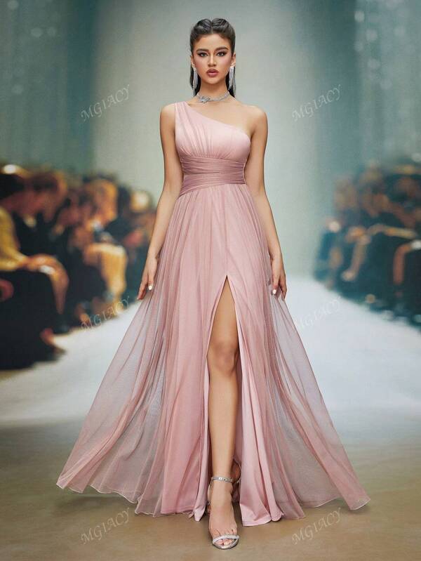 Asymmetric One Shoulder Ruched Chest Hollow Out High Split A-Line Mesh Dress, Bridesmaid Dress