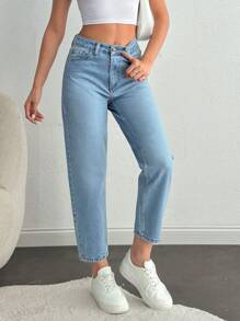 EURMUSE WOMEN CASUAL MOM FIT MID WAIST JEANS - Medium Wash - View 4