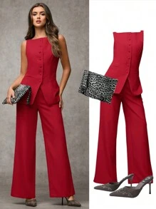 SHEIN BAE Bộ đồ đi làm thanh lịch cổ tròn màu trơn cho nữ, bộ đồ mùa hè thu cho nữ, bộ đồ công sở, trang phục công sở thường ngày cho nữ, bộ đồ hai mảnh, bộ đồ công sở cho nữ, bộ đồ mùa thu cho nữ, bộ đồ blazer cho nữ - Đỏ - Xem 6