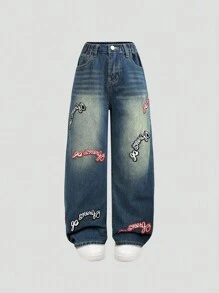 Y2K Fashion Retro Distressed Embroidered Letter Denim Jeans For Tween Girl - Medium Wash - View 1