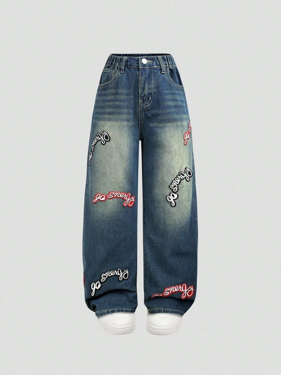 Y2K Fashion Retro Distressed Embroidered Letter Denim Jeans For Tween Girl - Medium Wash - View 1