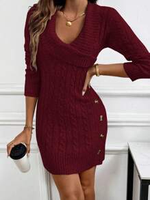 EMERY ROSE Collared Long Sleeve Knitted Sweater Dress, Comfortable Fall Winter Cloth For Women - Burgundy - View 3