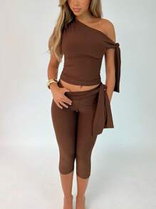 2 件套女士纯色不对称领口修身上衣和 3/4 紧身裤休闲装 - 咖啡棕 - 查看 1