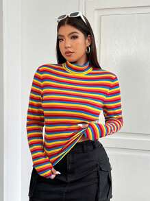 SHEIN EZwear 大码女式时尚彩色条纹高领 T 恤，秋季