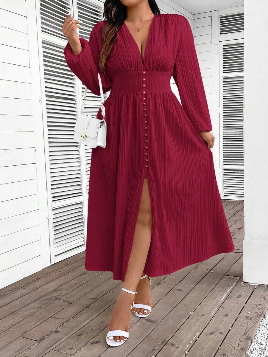 SHEIN Frenchy Plus Size Fall Women Dresses Casual Waisted Button Down Dress - Burgundy - View 1