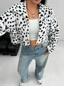 SHEIN EZwear 大码女式波点蓬松保暖大衣，秋冬保暖服装 - 黑與白 - 查看 1