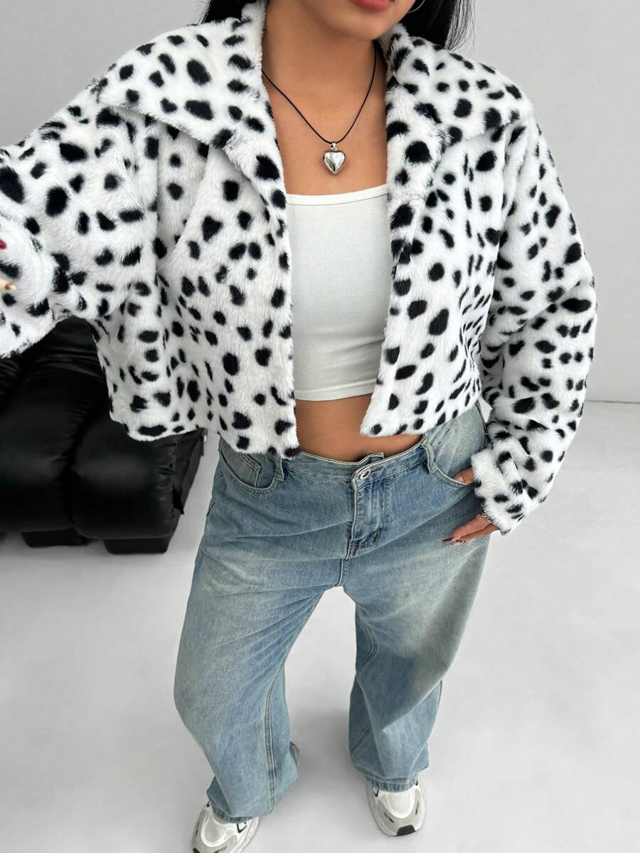 SHEIN EZwear 大码女式波点蓬松保暖大衣，秋冬保暖服装 - 黑與白 - 查看 1