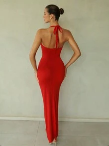 SHEIN BAE Women Sexy Halter Twist Hollow Out Form-Fitting Long Dress, Suitable For Going Out At Night, Halloween Party, Dates - Sexy Hollow Out, Cut Out