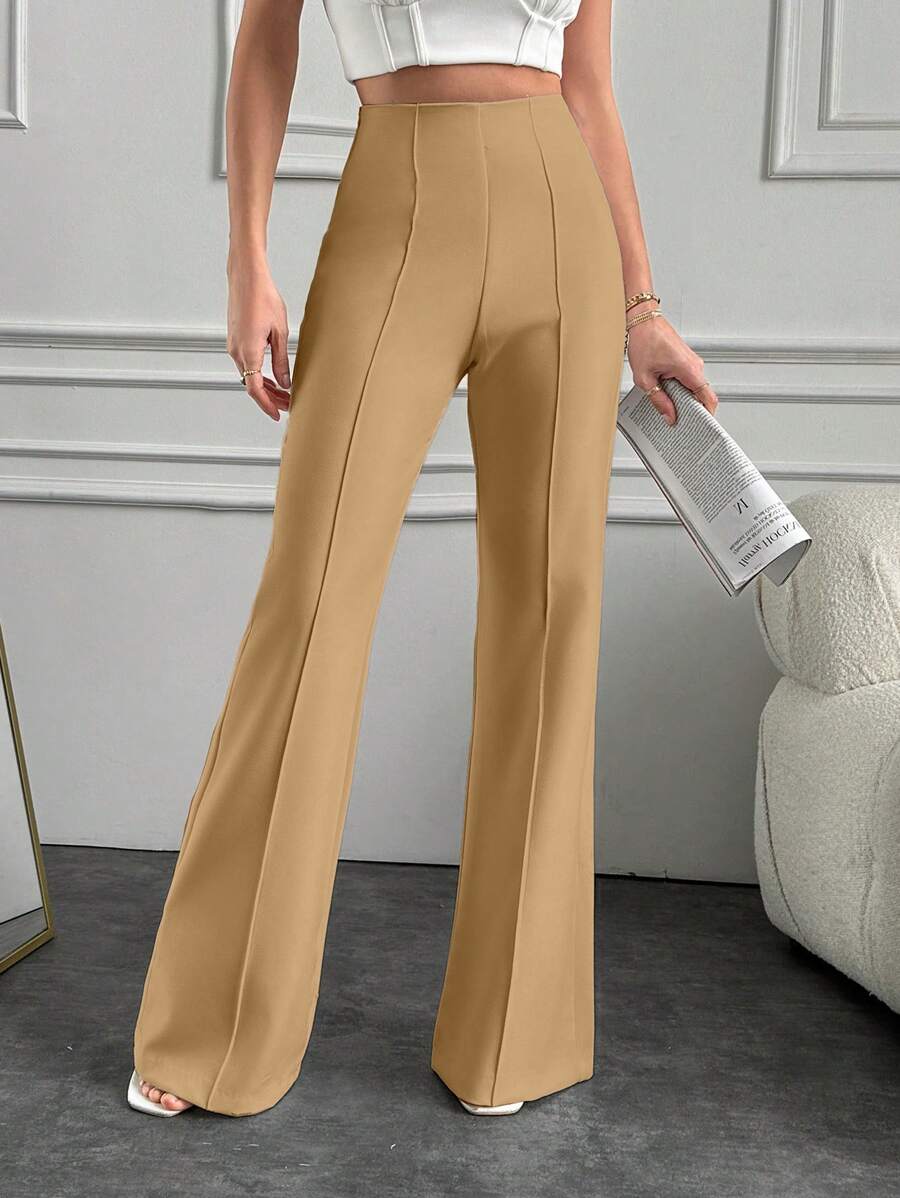 EURMUSE Women High Waist Solid Color Toothpick Striped Design Elegant Flare Pants - Camel - View 1