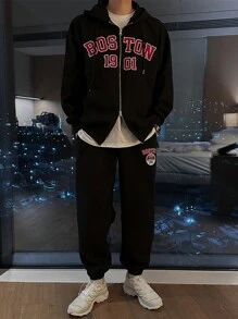 DAZY Letter Print Thermal Lined Sweatshirt Set For Men, Autumn
