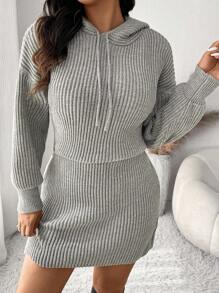 SHEIN Frenchy Plus Size Solid Color Hooded Long Sleeve Sweater Dress - Grey - View 5
