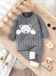 Baby Girl Khaki Casual Cute Bear Graphic Sweater Crawler Outfit - Grey - View 1
