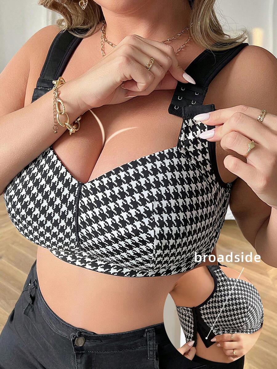 1pc Plus Size Wireless Side Clasp Bra - Black and White - View 1