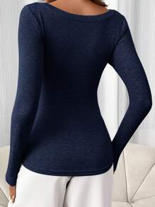 SHEIN 孕妇纯色纽扣圆领长袖修身 T 恤，秋冬 - 寶藍色 - 查看 2