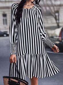 Chiquease Váy sọc đen trắng đơn giản tay lỡ Raglan cho nữ - Đen và trắng - Xem 3