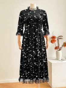SHEIN Privé Plus Size Velvet With Metallic Foil High Neck Splice Mesh Midi Straight Dress - Black - View 1