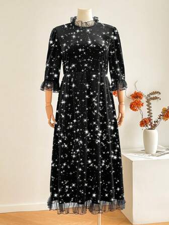 SHEIN Privé 加大码天鹅绒配金属箔高领拼接网眼中长直筒连衣裙