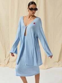 COSMINA 2 件套女士樱桃刺绣开衫和裙子套装，秋季休闲装 - 藍色 - 查看 4